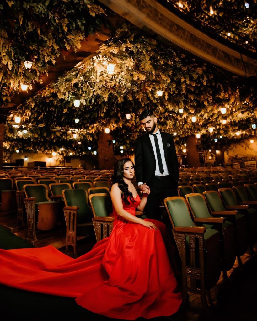 Elgin and Winter Garden Theatre Engagement Photoshoot - Long Train Red Dress Theatre