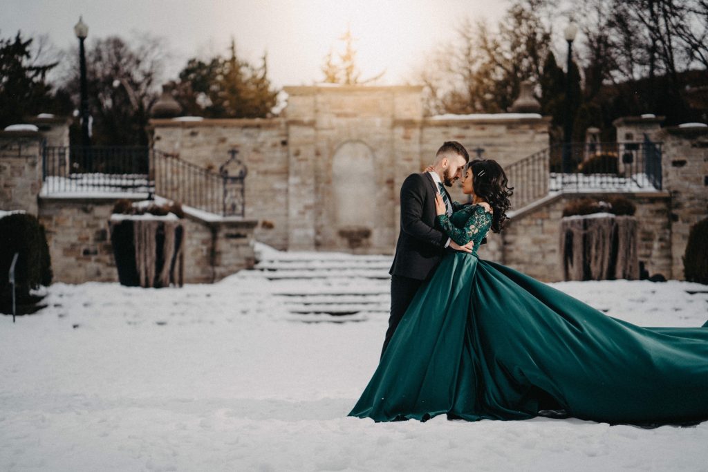 Long Train Dress Engagement Photography in Alexander Muir Memorial Gardens