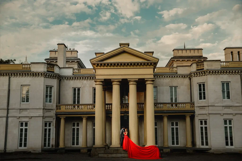 Long Train Red Dress Engagement Photoshoot at Dundurn Castle