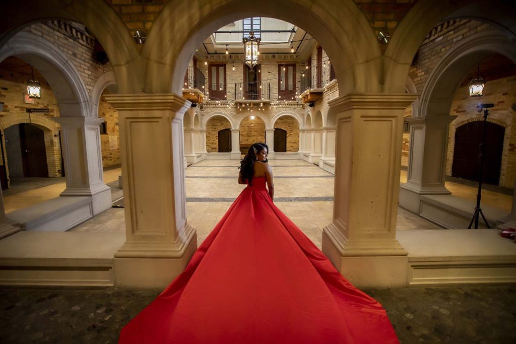 Engagement Photoshoot in a Long Red Dress at Hacienda Sarria