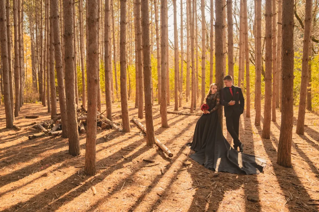 Engagement Photoshoot at Kortright Centre - Long Black Dress in a Forest